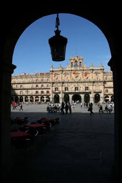 Detail Plaza Mayor Main Square Salamanca Seen Arcaded Porch — Stock Photo, Image
