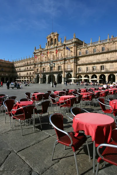 Tabele Kawiarni Przy Placu Plaza Mayor Głównego Placu Dzielnicy Salamanca — Zdjęcie stockowe