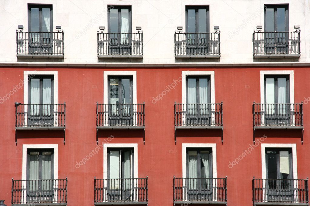 Windows of building at Plaza Mayor in Valladolid, Spain