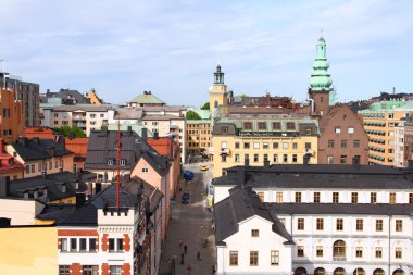 Stockholm, İsveç. eski mimari sodermalm Adası'nda. Havadan sokak görünümü.