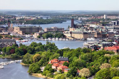 Stockholm, İsveç. Havadan görünümü ünlü gamla stan (eski şehir) ve diğer adalar, kanallar, yerler.