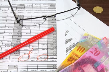 Business composition. Financial analysis - income statement, red marker, glasses and Swiss frank money. clipart