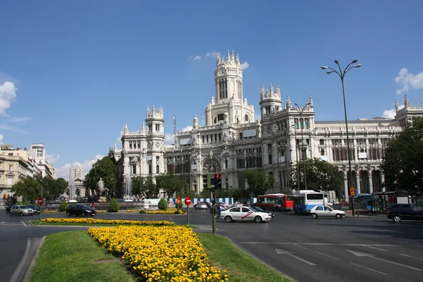Vacker Arkitektur Madrid Plaza Cibeles Slotten Telekommunikation Före Detta Postkontor — Stockfoto
