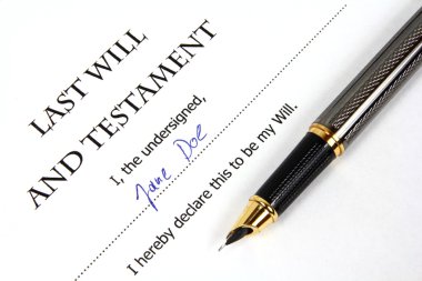 Last Will and Testament with a fictional name and signature. Document and fountain pen. clipart