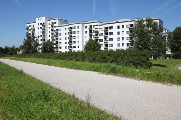 Typical Contemporary Suburban Apartment Buildings Wels Austria Bicycle Path Foreground — Stockfoto