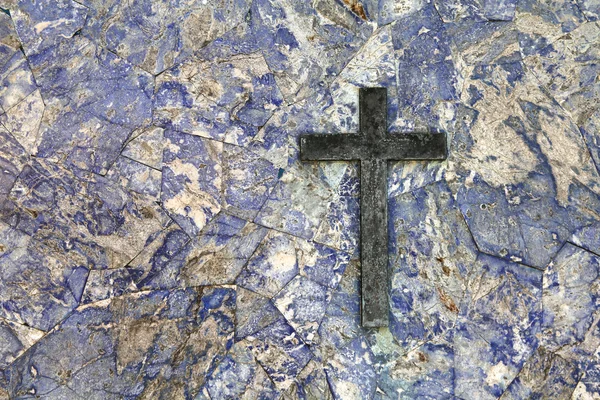 Grabstein Textur Blauer Marmorstein Und Ein Messingkreuz Religiöser Hintergrund — Stockfoto
