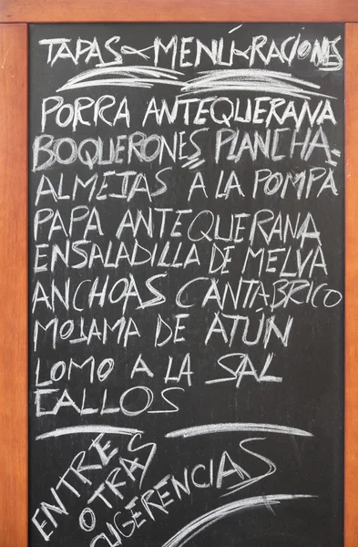 在安特克拉 安达卢西亚的西班牙语菜单 典型的西班牙美食 — 图库照片