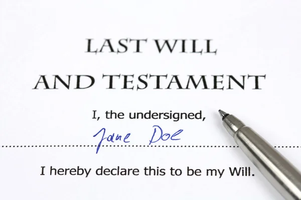 Последняя Воля Завет Вымышленным Именем Подписью Документ Ручка — стоковое фото