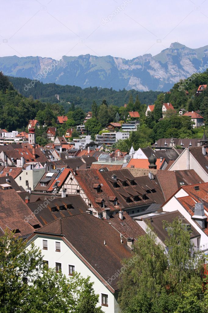 Townscape of Feldkirch, Vorarlberg, Austria. Austrian Alps in the background.