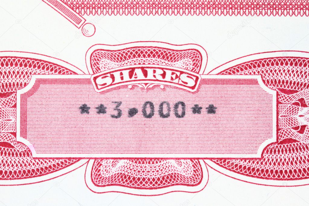 Three thousand shares - close up of a vintage stock market object. Obsolete corporate shares certificate.