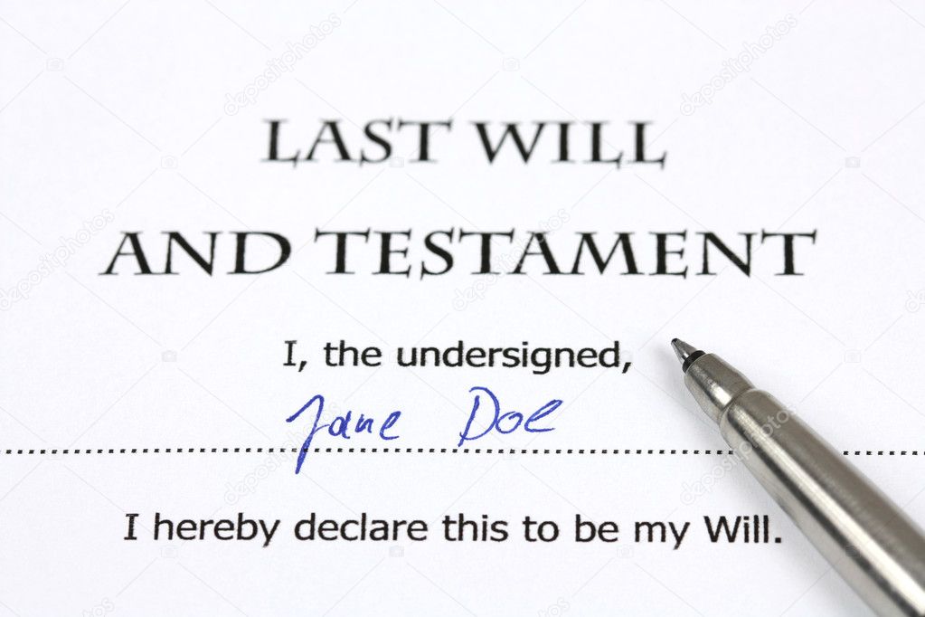 Last Will and Testament with a fictional name and signature. Document and pen.