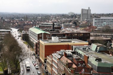 Coventry in West Midlands, England. City aerial view from ruined cathedral tower. clipart