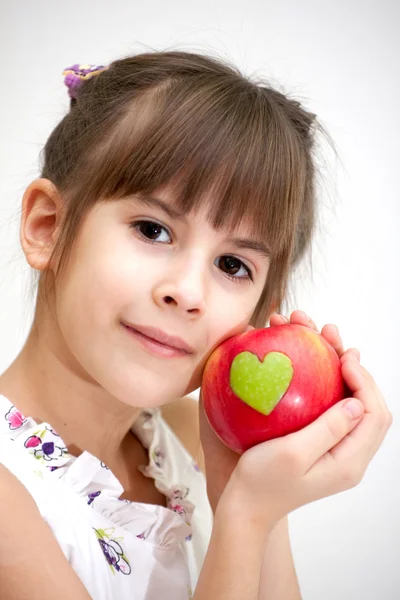 Portrait Girl Which Holds Red Apple Him Green Heart Cut — Stock Photo, Image