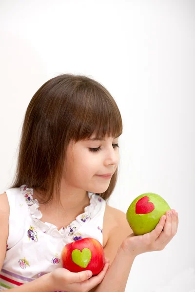 Portrait Girl Which Holds Red Apple Him Green Heart Cut Stock Image