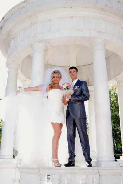 La sposa e lo sposo in un porto di marmo con colonne — Foto Stock