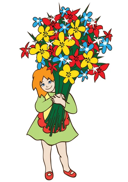 Leende liten flicka håller stor bukett blommor — Stock vektor