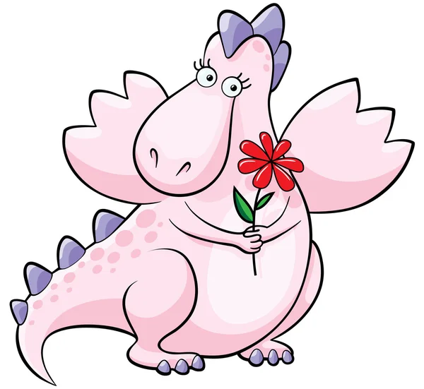 Cute pink dragon with flower — Stock Vector