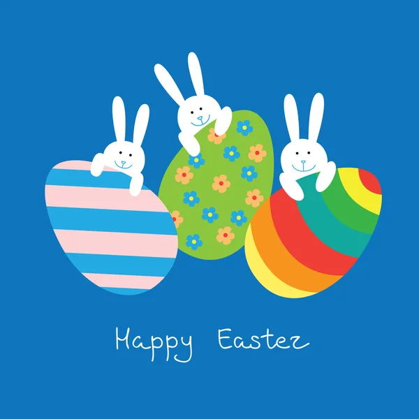 Tarjeta de Pascua con divertidos conejos y huevos — Archivo Imágenes Vectoriales