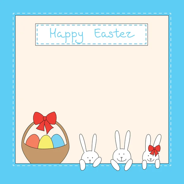 Easter card with bunnies, eggs and basket — Stock Vector