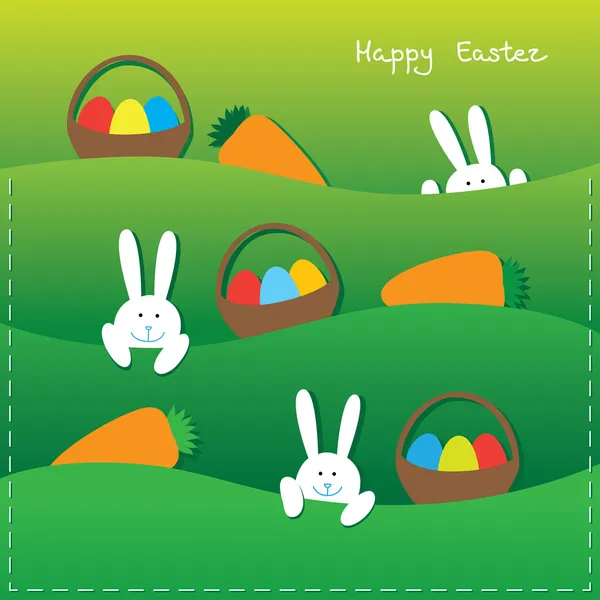 Conejitos de Pascua, huevos, cestas y zanahoria — Vector de stock