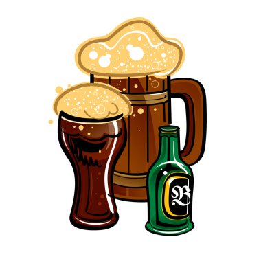 Beer in glass, wooden mug and bottle clipart