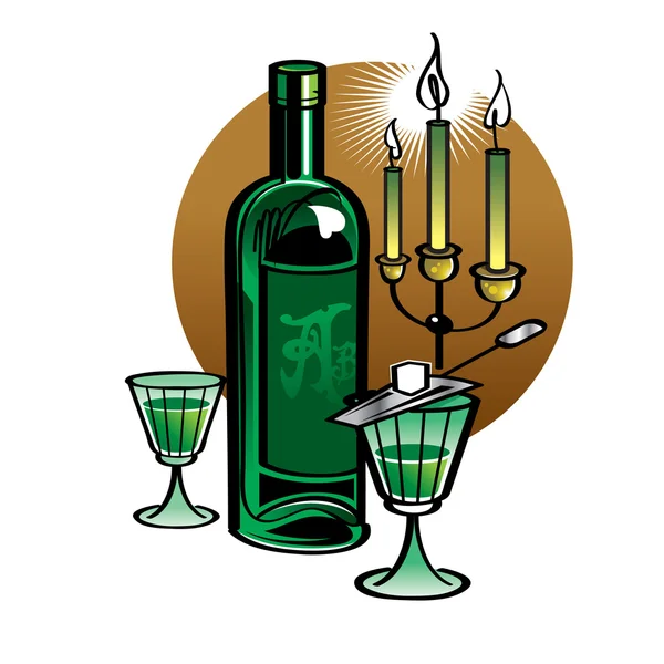 Bottle of Absinthe with sugar and candles — Stock Vector