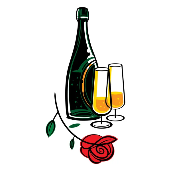La botella de champán con flor de rosa roja — Vector de stock