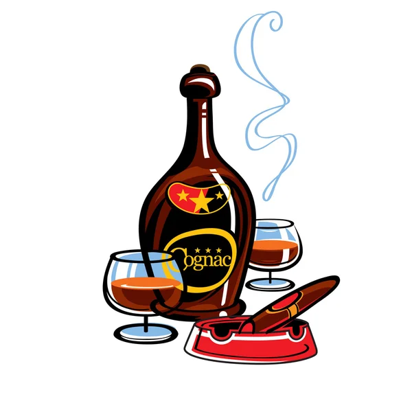 Bottiglia di Cognac e sigaro nel vassoio della cenere — Vettoriale Stock