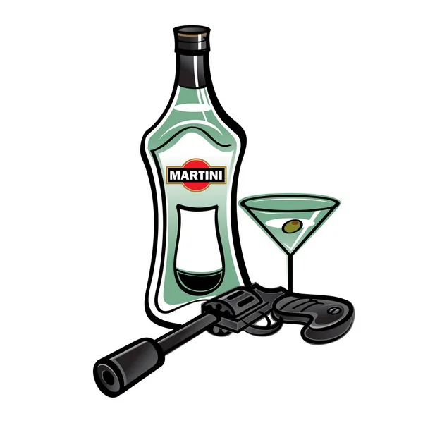 Bottle of martini and revolver gun — Stock Vector