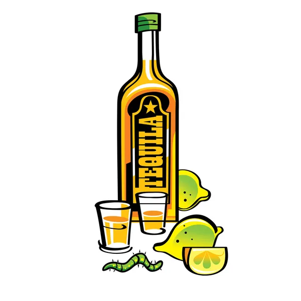 Bottle of mexican drink Tequila with lemons and caterpillar — Stock Vector