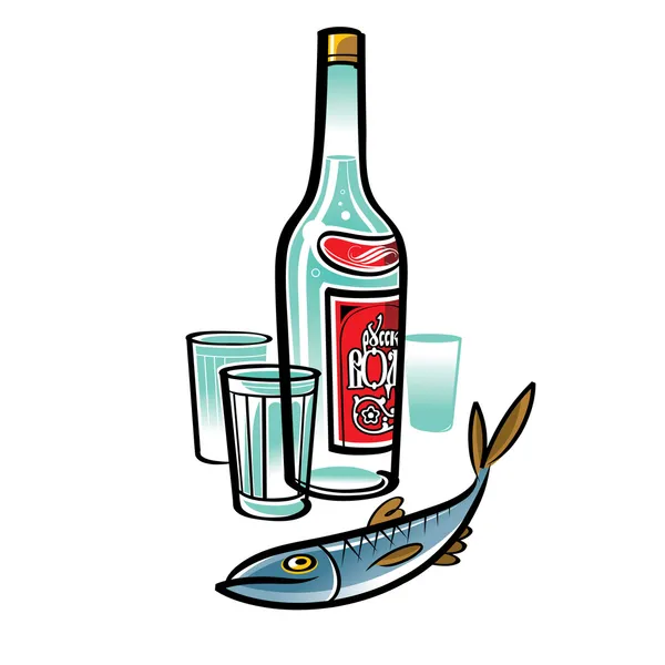 Пляшку горілки і риби оселедця — стоковий вектор