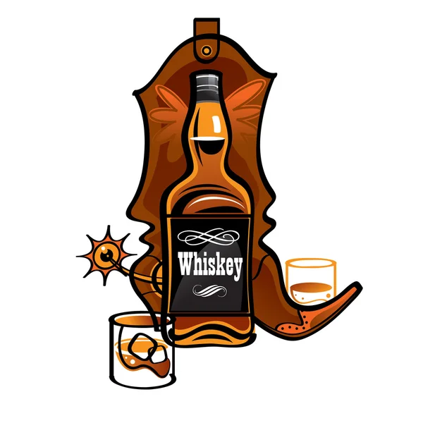 Botella de whisky y bota vaquera occidental — Vector de stock