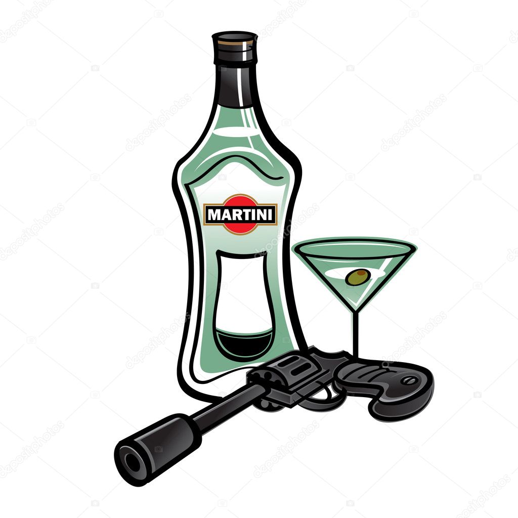 Bottle of martini and revolver gun