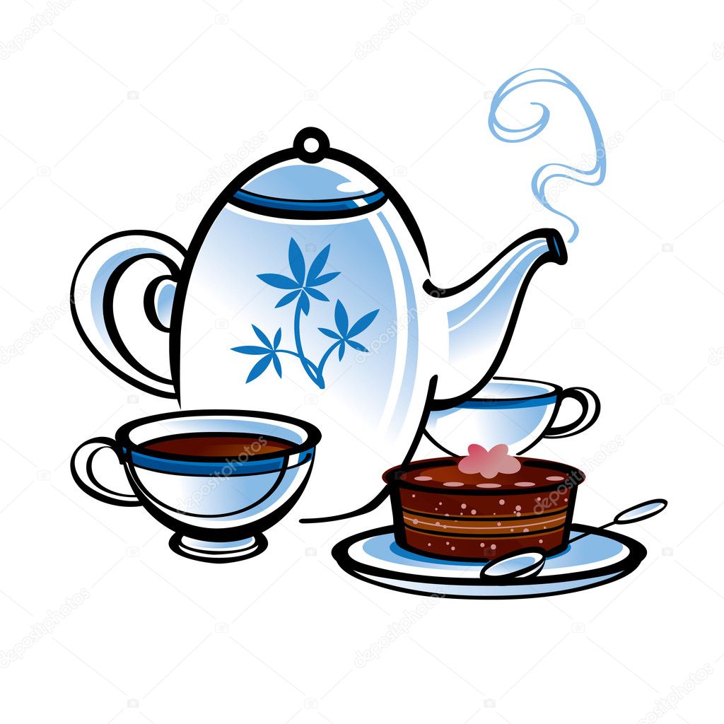 Tea pot with cup and cake