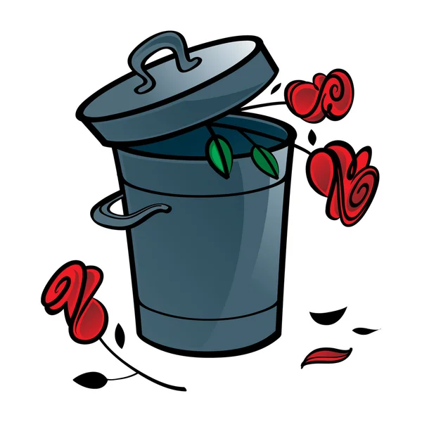 Roses flowers in Trash bucket — Stock Vector