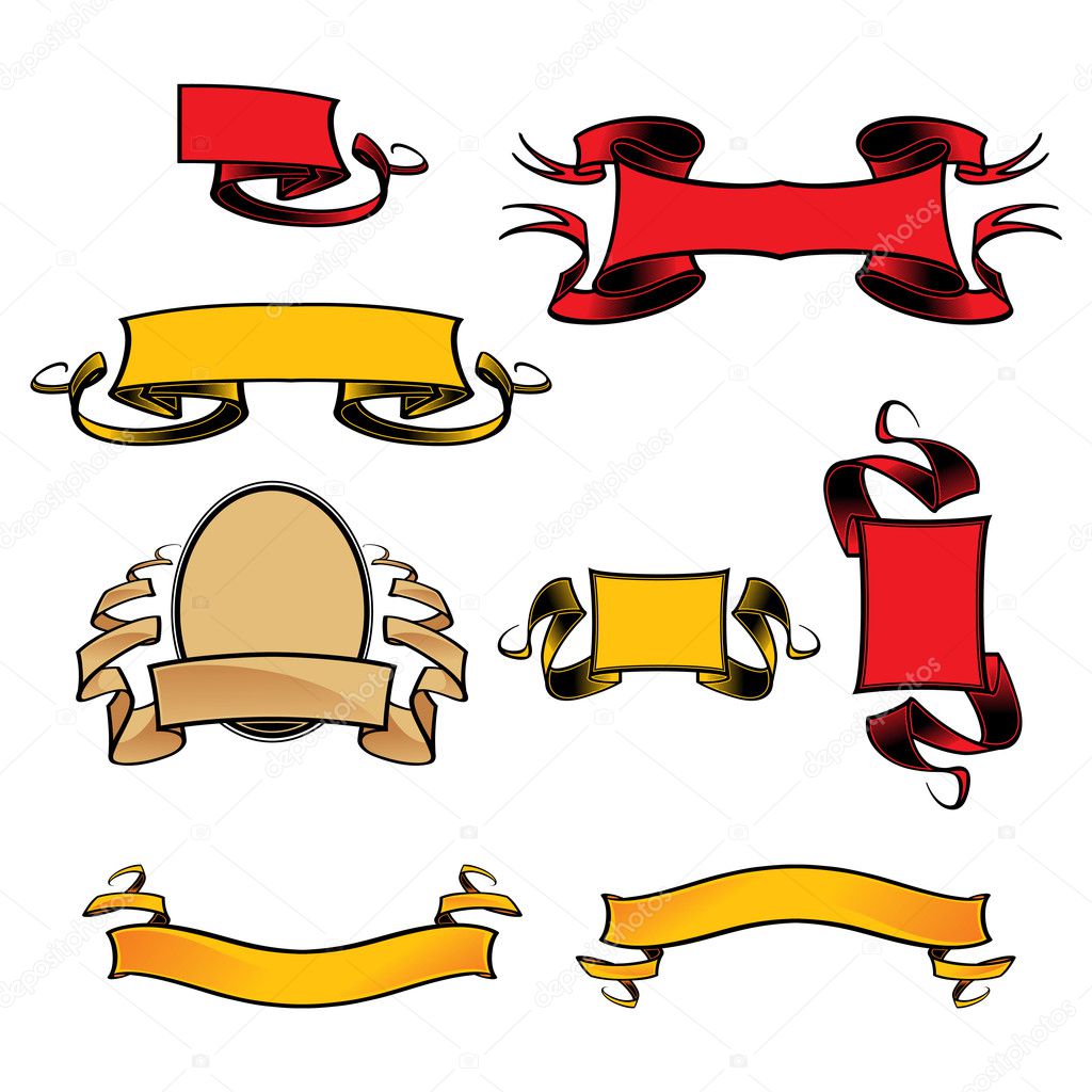 Different vector heraldic vignettes, flags, banners and ribbons