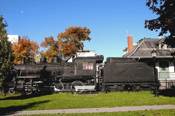 古老的蒸汽火车在显示上的公共公园 金斯敦 安大略省 加拿大 — 图库照片