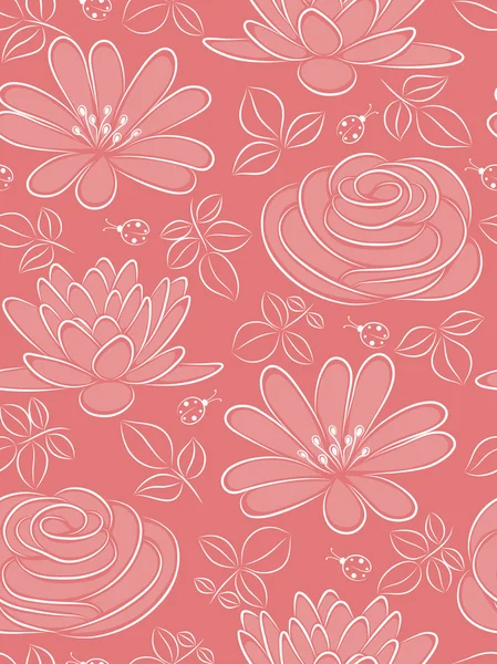 用鲜花和瓢虫的粉红色无缝模式 矢量插画 — 图库矢量图片
