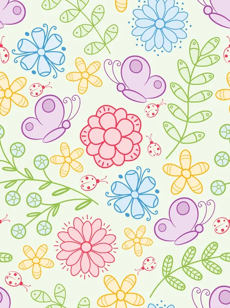 Colorato Sfondo Senza Soluzione Continuità Con Fiori Farfalle Coccinelle Illustrazione — Vettoriale Stock