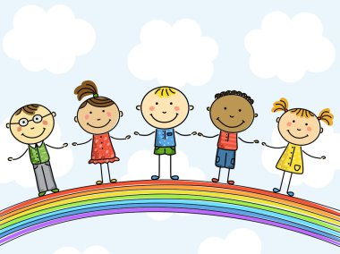 Funny kids on a rainbow. Vector illustration. clipart