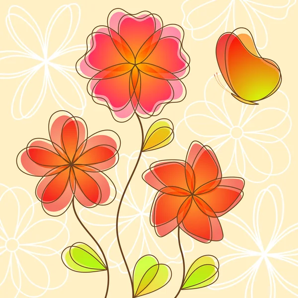 美丽的自然背景与鲜艳的花朵和蝴蝶 矢量插画 — 图库矢量图片