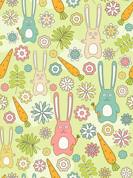 Fondo Sin Costuras Con Conejos Zanahorias Flores Hojas Ilustración Vectorial — Archivo Imágenes Vectoriales