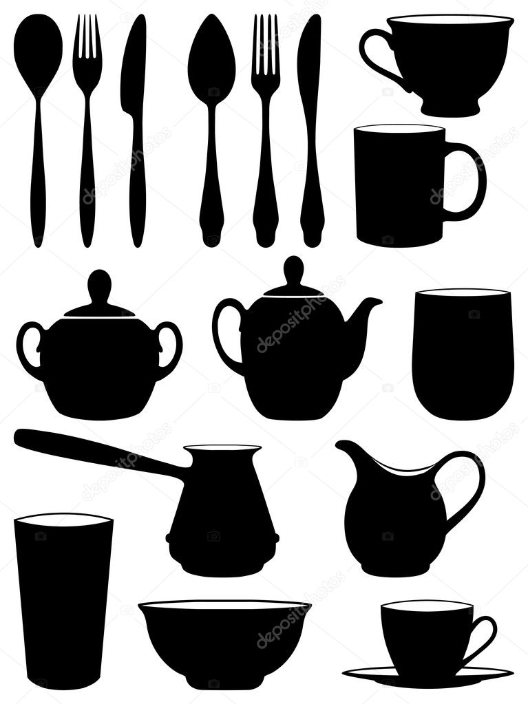 Set of silhouettes dishes. Vector illustration.