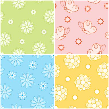 Set of seamless nature patterns with flowers and butterflies illust