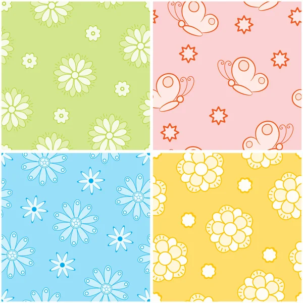 Set of seamless nature patterns with flowers and butterflies illust — Stockfoto