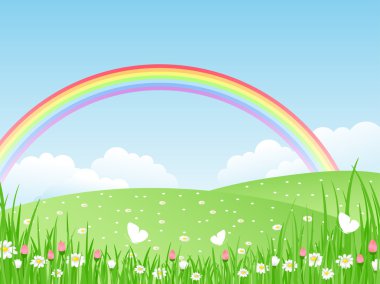 Landscape with a Rainbow. Vector illustration.