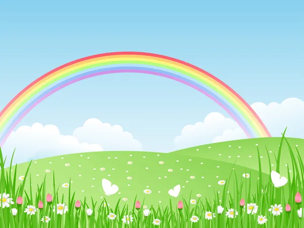 Landschap met een regenboog. vectorillustratie. Stockillustratie