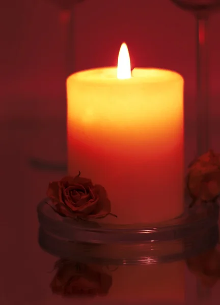 stock image Romantic burning candle with glasses