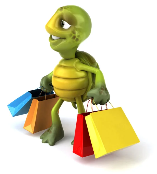 Tortuga con bolsas de compras 3d ilustración —  Fotos de Stock