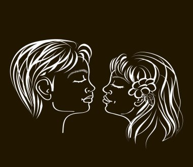 Hand drawn and artistic illustration of a first loving teenage kiss on black clipart